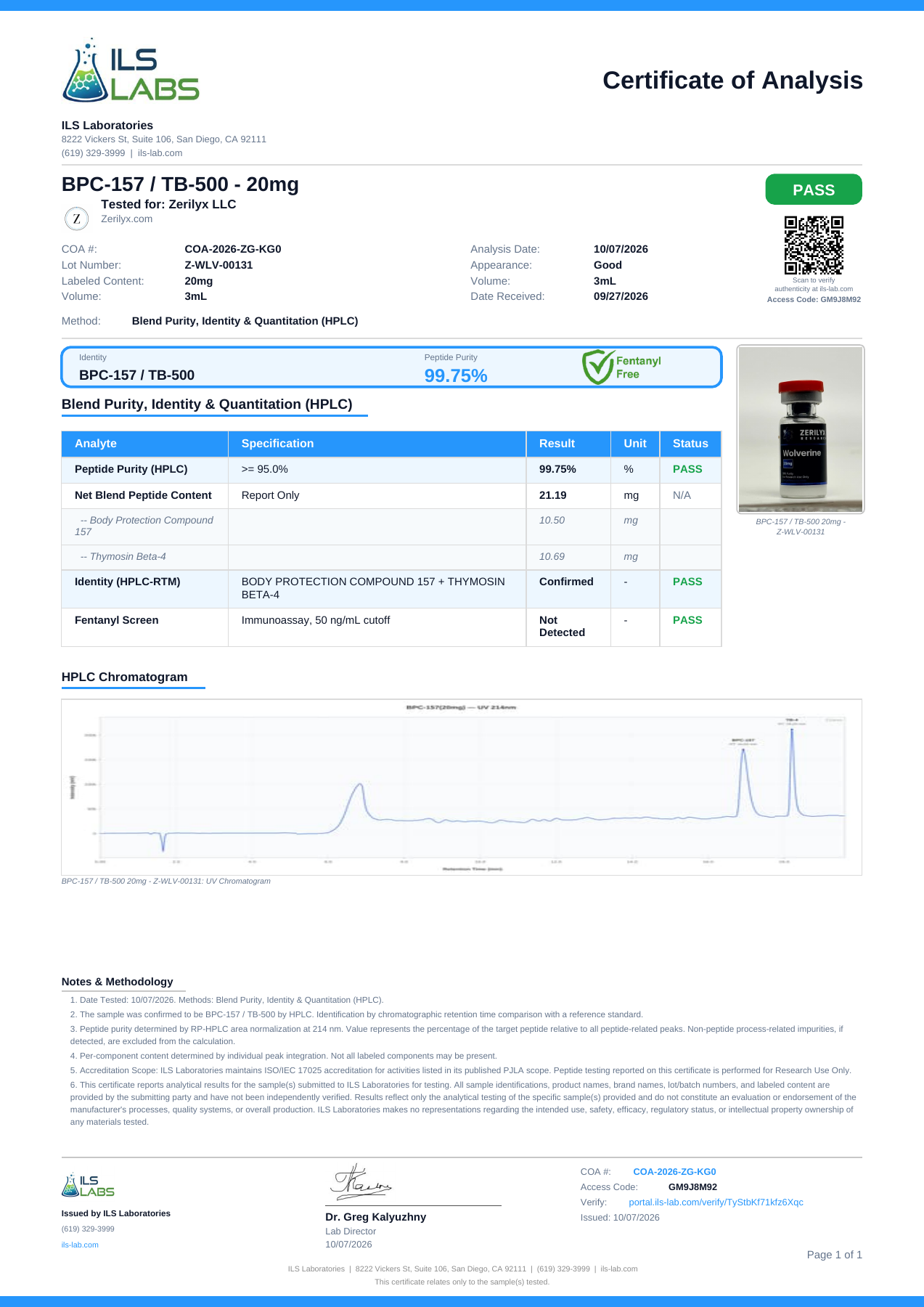 Certificate of analysis for BPC-157/TB-500 20 mg