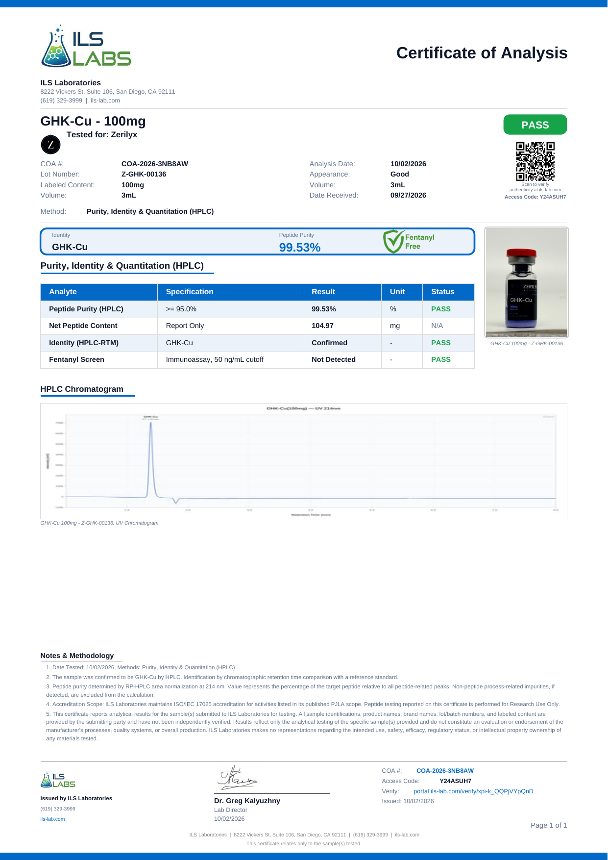 Certificate of analysis for GHK-CU 100 mg