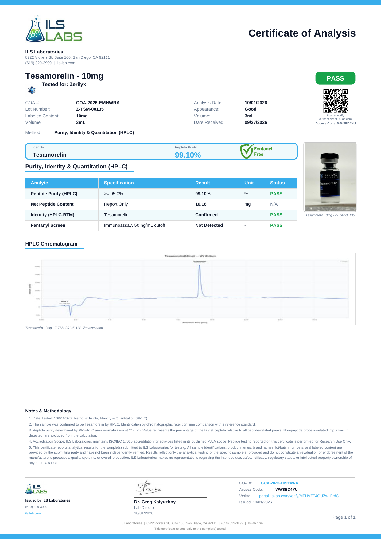 Certificate of analysis for Tesamorelin 10 mg