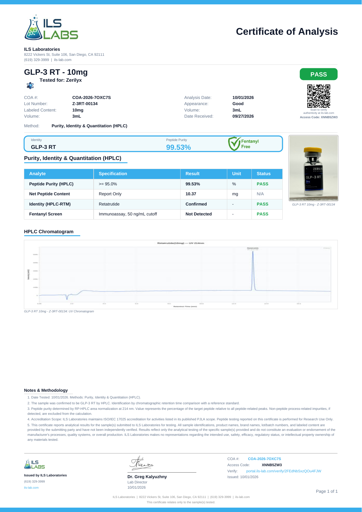 Certificate of analysis for GLP-3 RT 10 mg