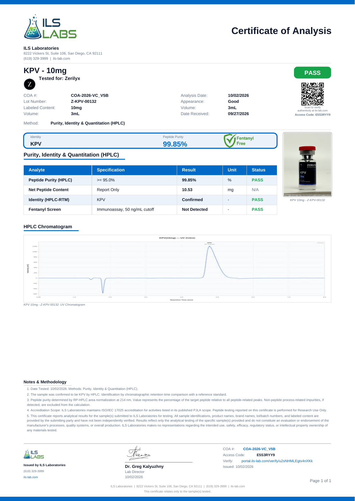 Certificate of analysis for KPV 10 mg